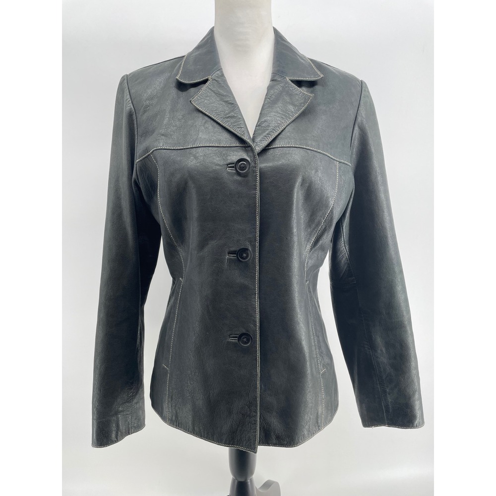 Mossimo Black Leather Blazer Jacket Contrast Stitch‎ Vintage Y2K Womens Medium